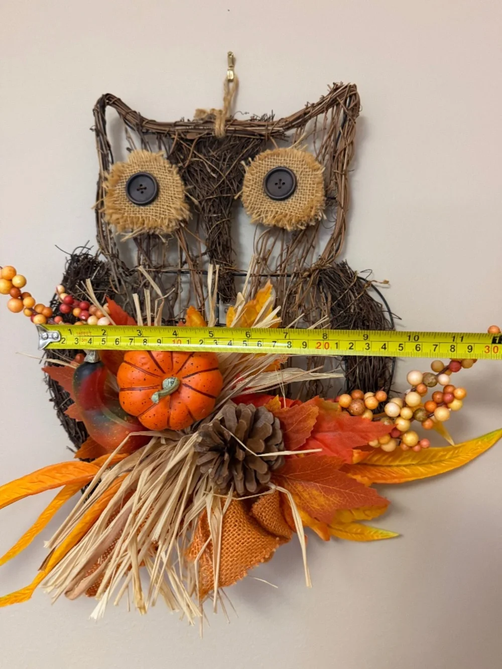 Rustic Fall Owl Grapevine Wreath 16in Autumn Harvest Pumpkin Berries - FALL